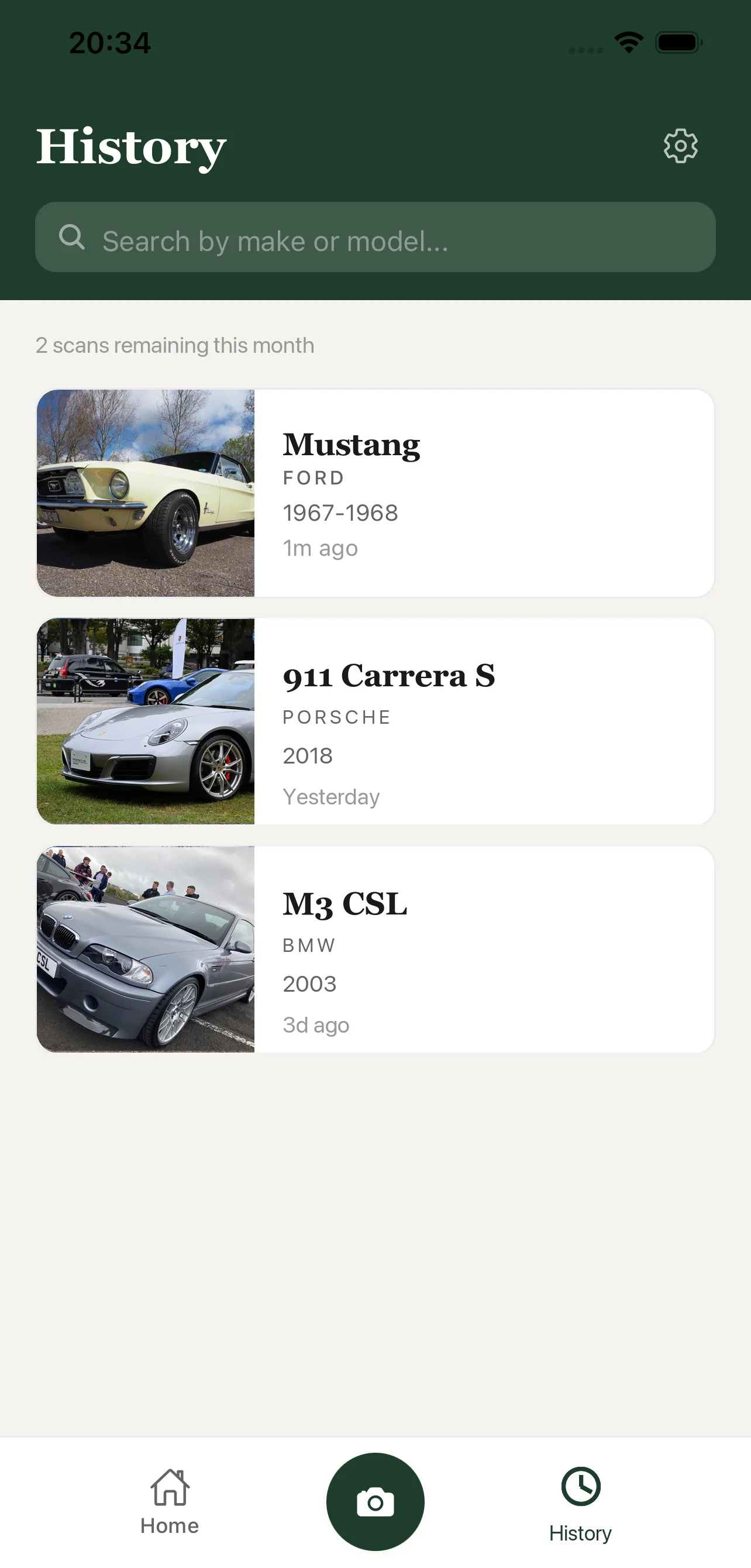 Car Reveal history screen showing saved Mustang, Porsche, and BMW scans