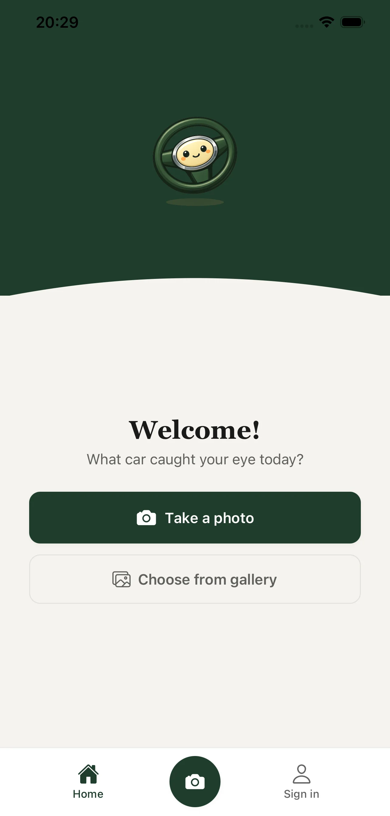 Car Reveal home screen with take photo and gallery actions