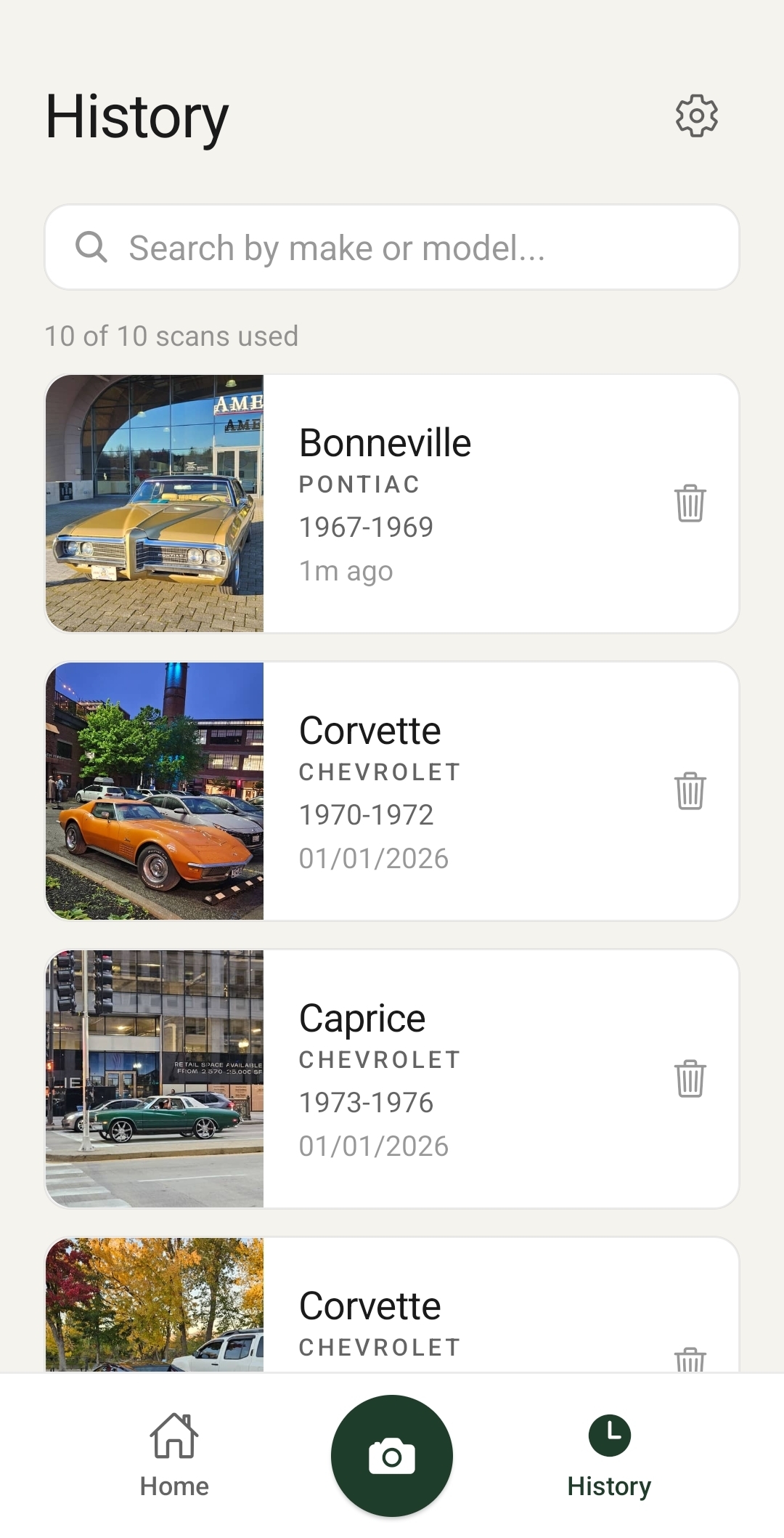 Car Reveal history screen showing saved scans